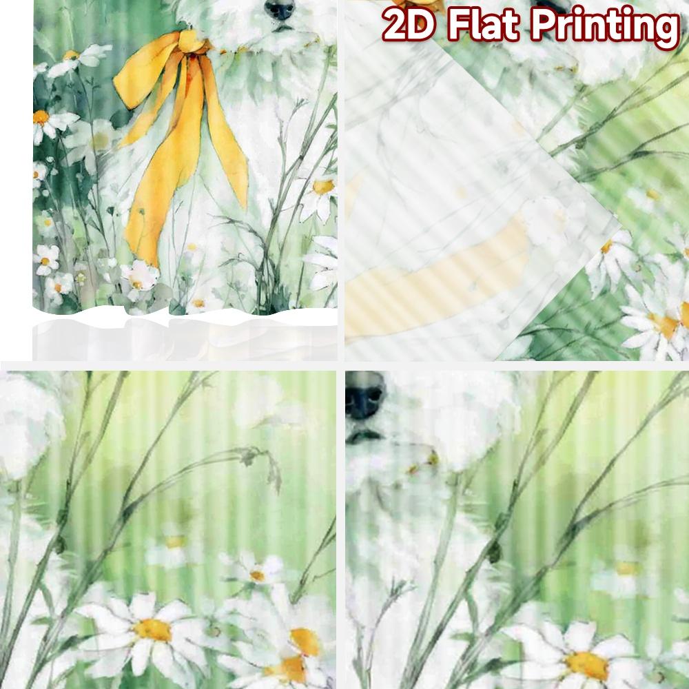 2D platt tryck 2 st Gardiner Söt Vit Hund Gul Rosett Prästkragar Digitalt Tryckta Polyestergardiner Festlig Väggdekor Använd för