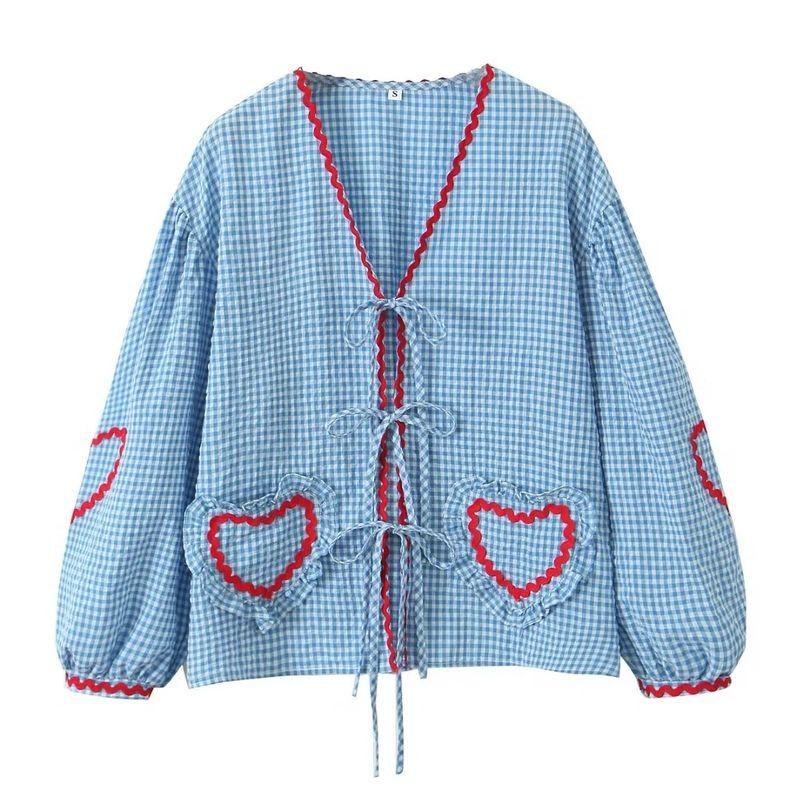 

Spring New French Sweet Loose Casual Fashion Contrast Color Bows Shoelace Plaid Heart Ribbon Shirt Blue Gingham M