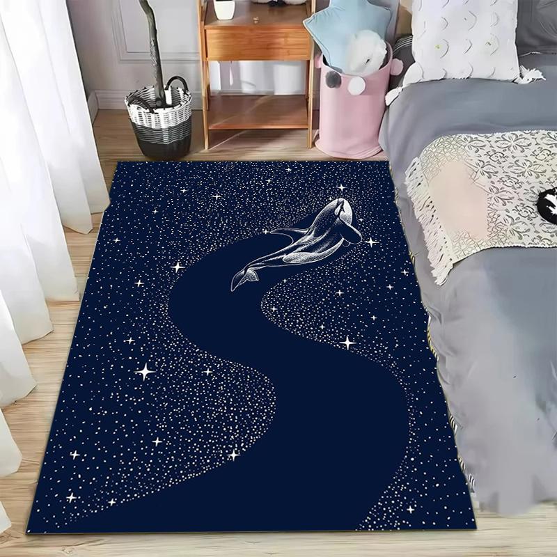 Navy Blue Starry Whale Print Area Rug Non-slip Floor Mat Ocean Animal Pattern Carpet Home Decoration for Bedroom Living Room