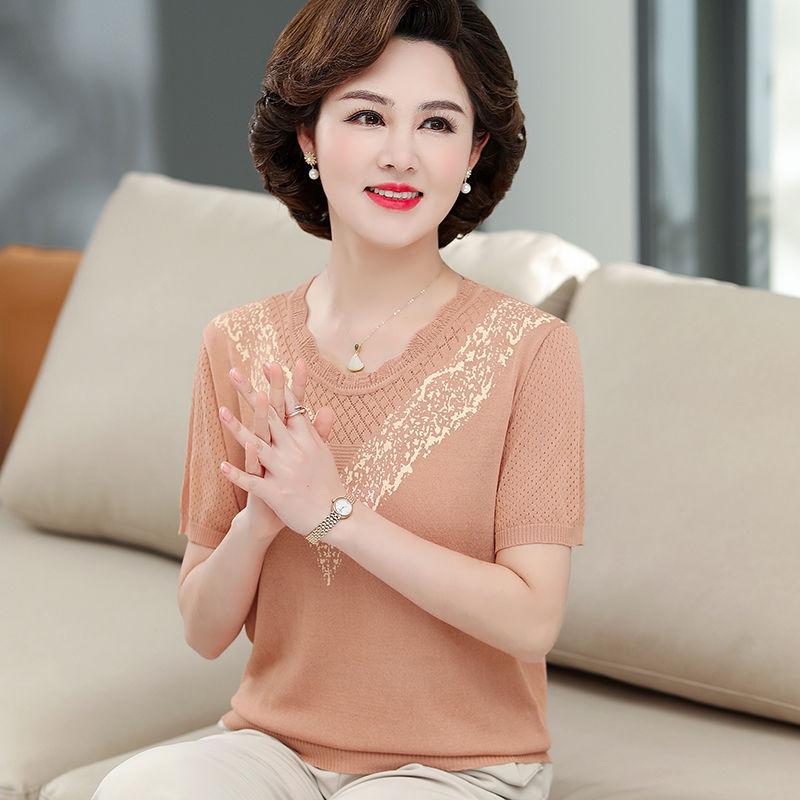 Sommer-Eis-Seidenkleidung für mittelalte und ältere Menschen, Oberteile, kurzärmelige T-Shirts in großen Größen mit stilvollem Temperament