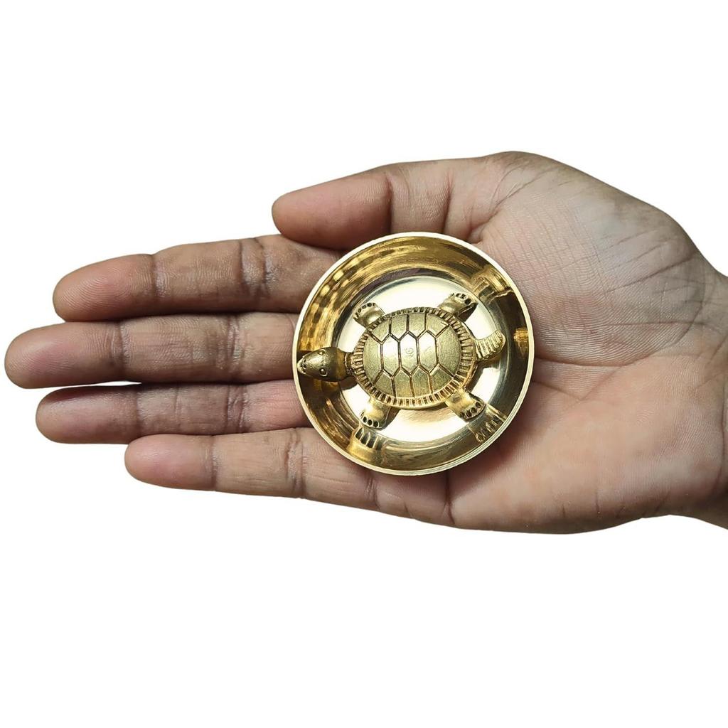 Feng Shui Tortoise for Good Luck | Brass Tortoise with Plate, Small Size, Brass, Gold Colour, 1 Set, Religious
