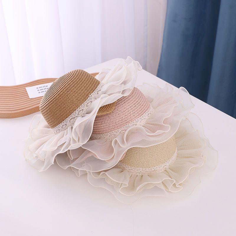 Chapeau de Paille d'Été pour Bébé Fille Couleur Unie Dentelle Volant Chapeau de Pêcheur pour Enfants Casquettes de Plage d'Extérieur Pare-soleil Chapeaux Bob à Large Bord