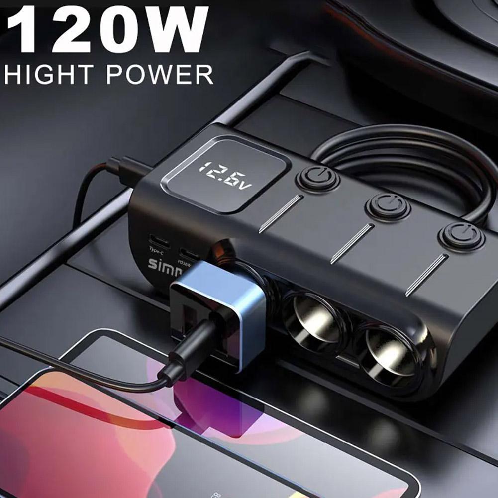 3 In 1 Car Charger Adapter PD 3 Socket Cigarette Lighter Splitter Charge Independent Switches DC Cigarette Outlet