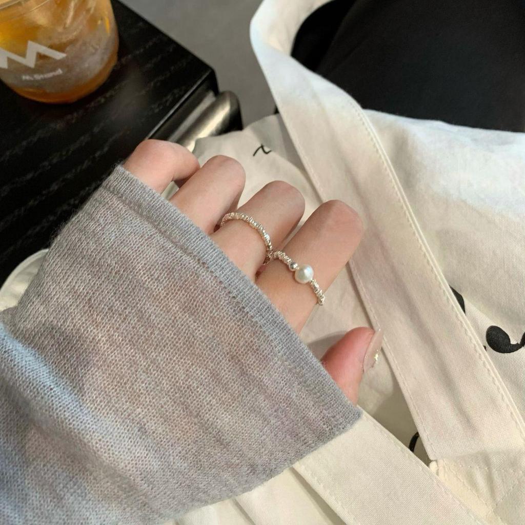 Super Fairy Silver Flake Elastic Beaded Pearl Ring for Women: Handmade, Versatile, Stackable, Creative Daily Wear Index Finger Ring.