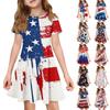 Girls Short Sleeve Dress with Pocket Independence Day Inspired Print Casual Fit and Flare Summer Dress for Kids