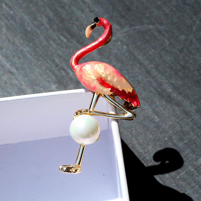 Cloisonné Flamingo & Pearl Brooch - Elegant Cartoon Pin Corsage