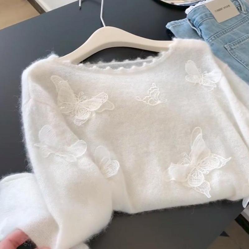 White knitted sweater women's autumn design sense long-sleeved shirt top