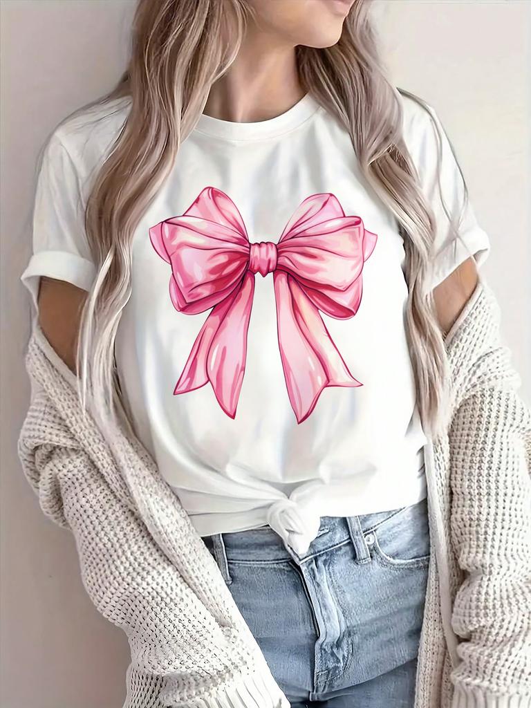 Womens Casual Short Sleeve TShirt with Elegant Pink Bow Graphic Print Summer Short Sleeved Harajuku Streetwear Tops Tees