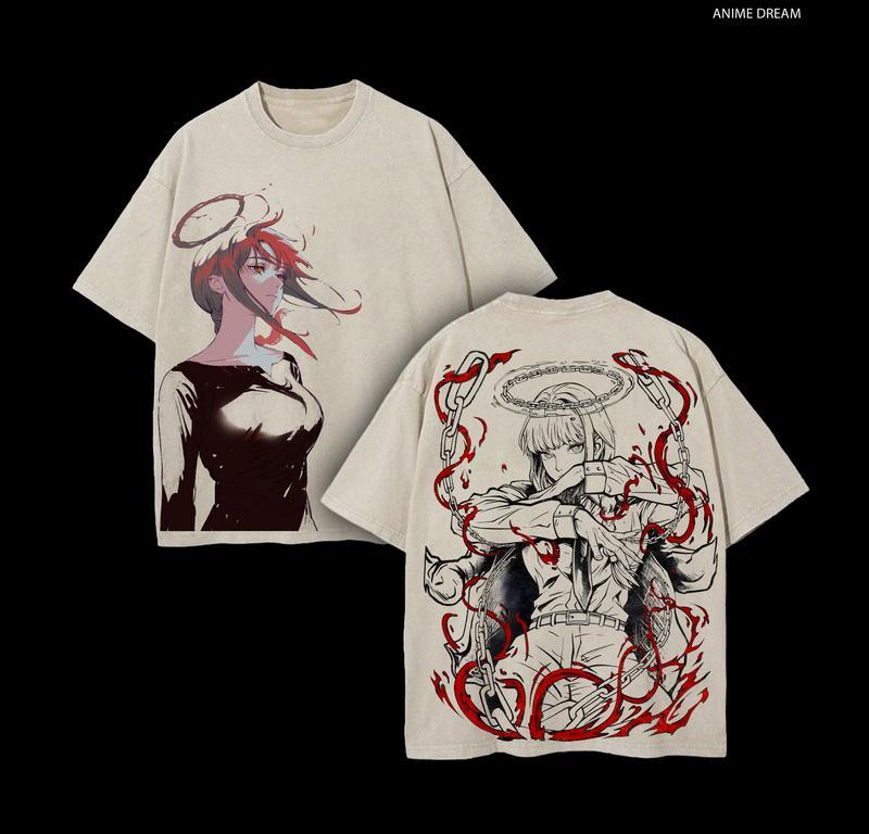 Anime Chainsaw Man Makima Tshirt For Men Women Clothing Vintage Washed Oversized T Shirt Pure Cotton  ONeck Tee Streetwear