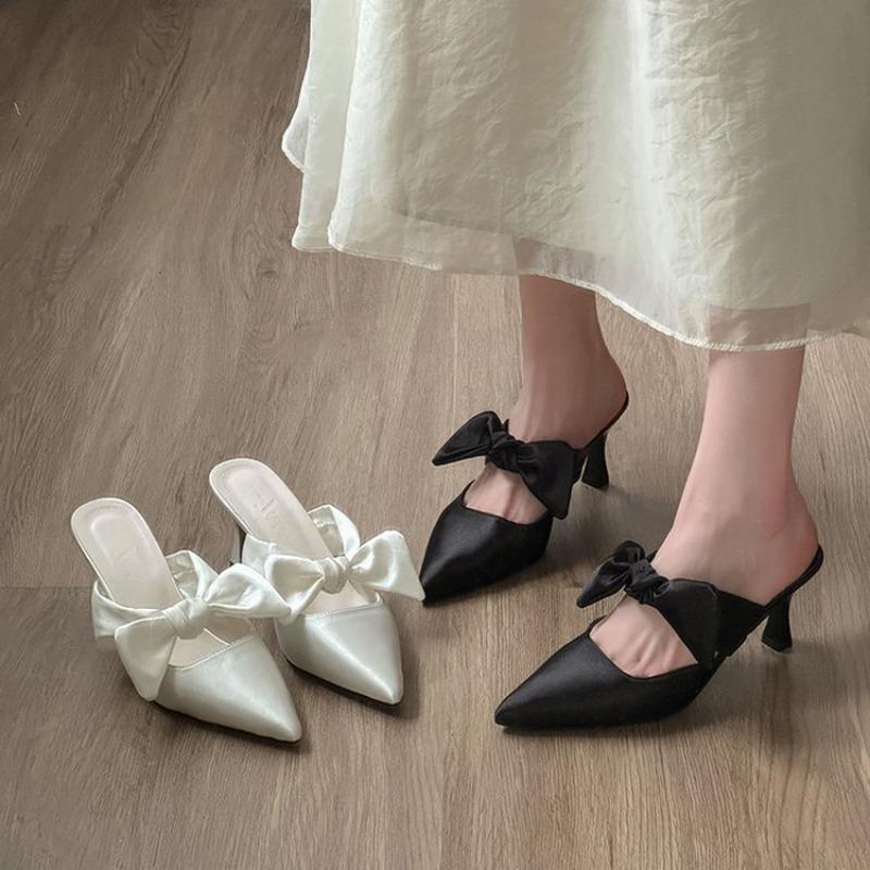 Pointed Stiletto High Heels Summer New Temperament Bow Slippers Bag Head Half Slippers
