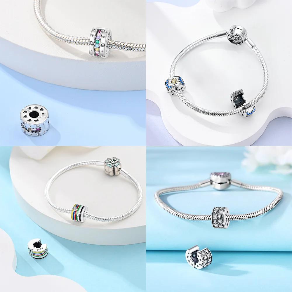 Copper Colored Zircon Paving Star Moon Clip Charms Spacer Beads For Women'S Original Bracelet Jewelry Gift