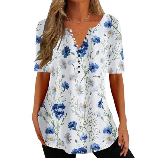 Women Summer T-shirt Flower Print V Neck Short Sleeves Loose Vintage Daily Wear Mid Length Plus Size Women Top Female Clothes