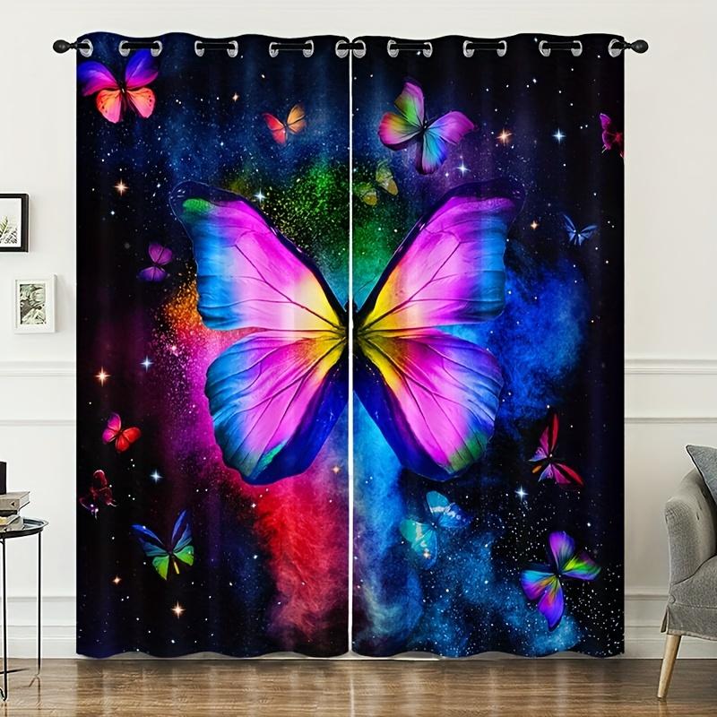 2pcs Fashionable Romantic Butterflies Pattern Curtain, Curtain Rod Pocket Window Curtains For Living Room Bedroom Room Decor