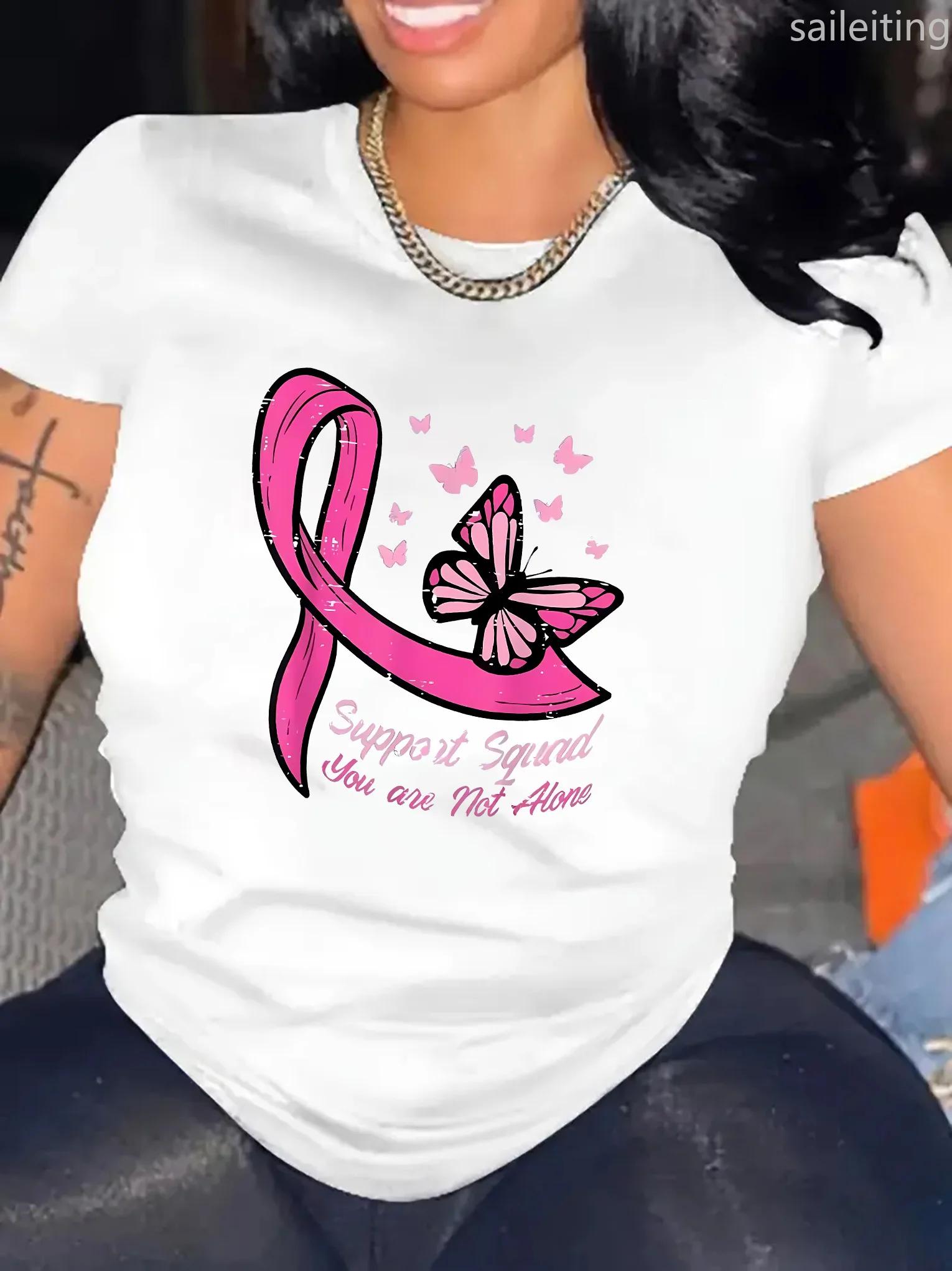 

High Quality Clothes Funny Breast Cancer Awareness Nobody Fights Alone Print TShirt Women Loose Short Sleeve Round Neck Top S