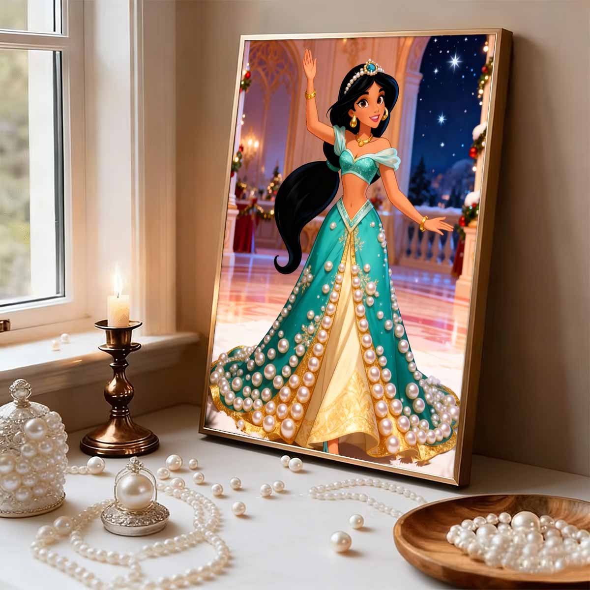 Disney Aladdin Jasmine Princess With Pearl Decorated Set 5D Artificial Pearl Puzzle Embroidered Home Decorative Handmade Gift