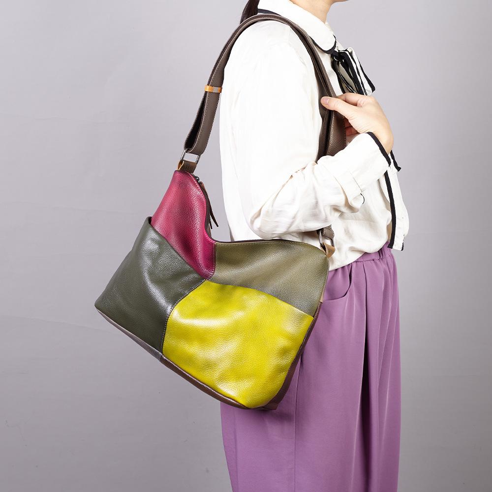 Premium Contrasting Color Splicing Tray Obo Bag Women'S Retro Large-Capacity Personalized Casual Shoulder Messenger Bag
