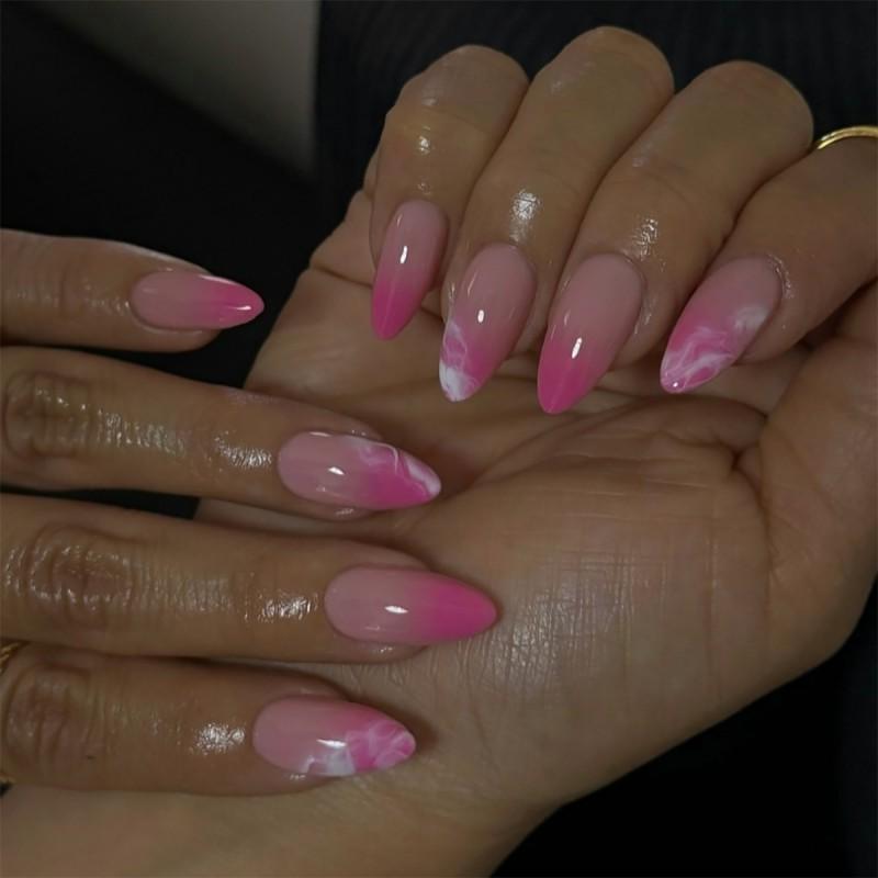 French Style Minimalist Pink Gradient Wearable Nail Wholesale White Blended Art Short Almond Reusable Piece