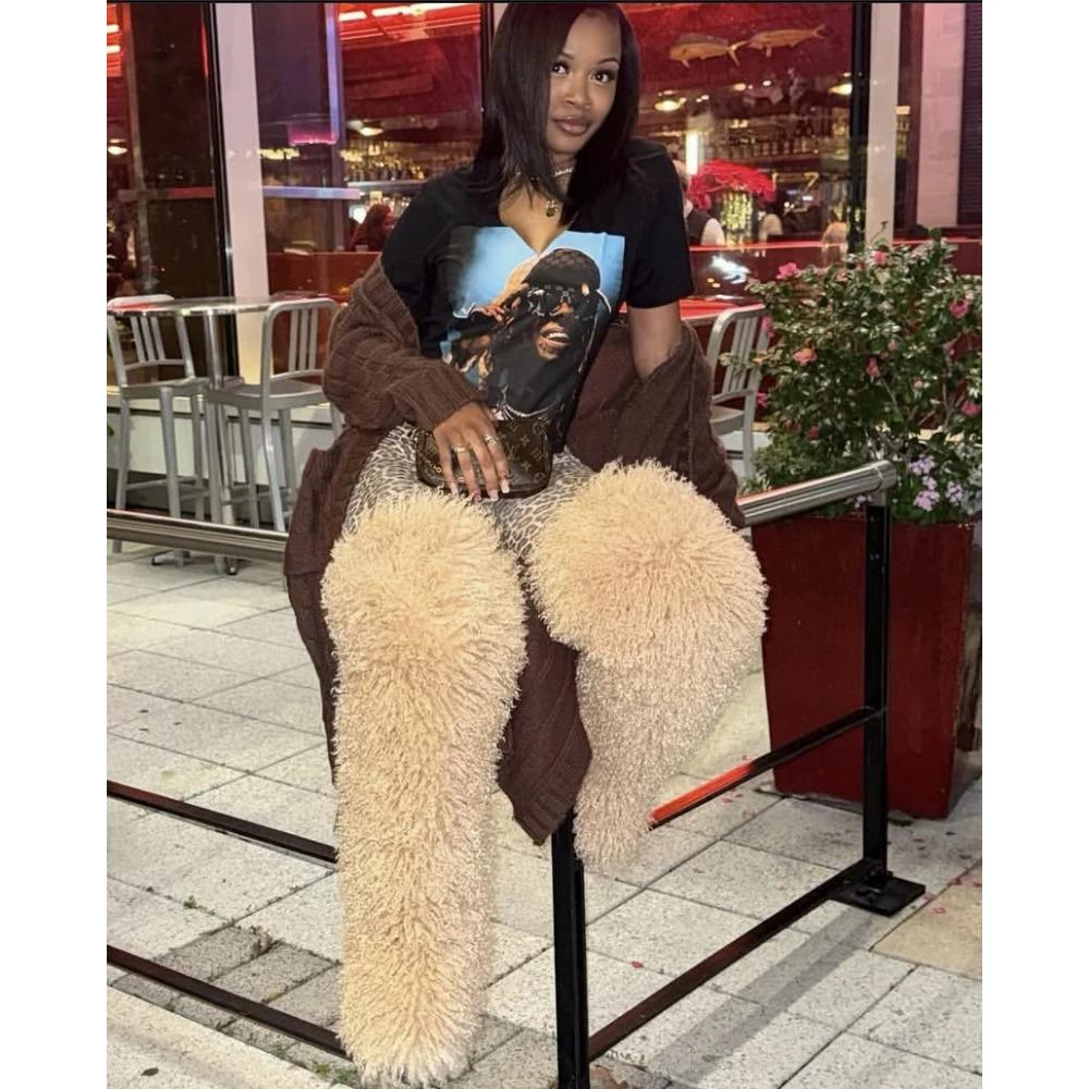 Thigh High Fluffy Boots Ladies Women Winter Furry Faux Fox Fur Long Warm Shoes Girls New Designer Plush Knee High Fur Boots