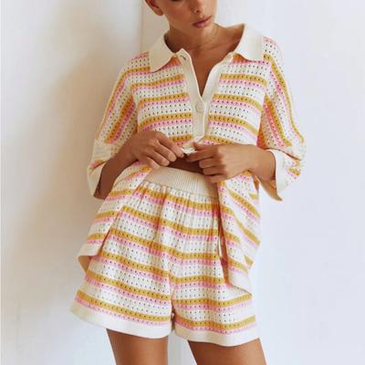 Sommer Damen Zweiteiler Shorts Bluse Anzüge Streifen Knopf Häkeltops und Shorts Passende Sets