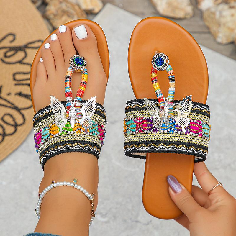 Fashion Butterfly Decor Clip Toe Women Slippers Bohemian Colorful Knitting Flat Sandals Woman Summer Comfort Non Slip Beach Flip Flops