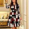 Women Long Sleeve Round Neck Midi Dress Vintage Ink Wash Plum Blossom Stripe Branch Dot Print Flared Dress