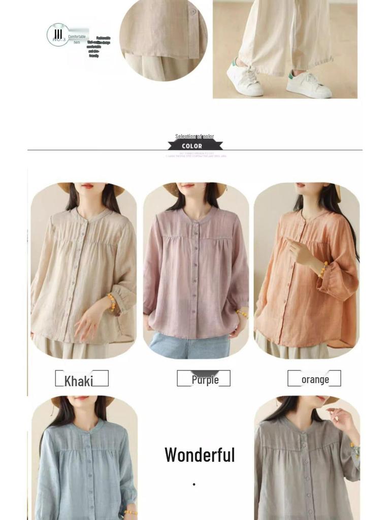 Summer Cotton Linen Casual Women's Blouse - Lightweight, Loose, and Slimming Seven-Sleeve Sunscreen Top