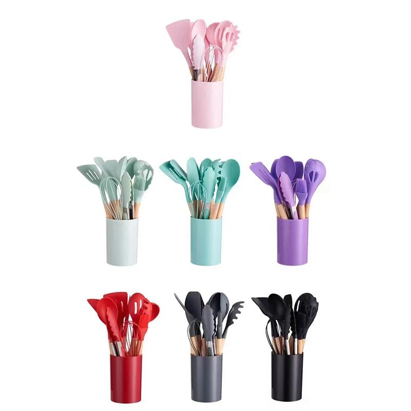 12 Piece Set Silicone Non Stick Pot Cooking Kitchen Utensil Set With Storage Bucket Wooden Handle Silicone Kitchenware