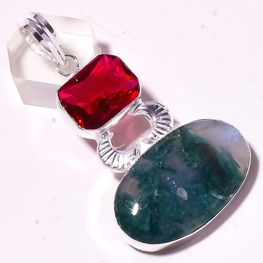 Moss Agate Pink Rubeelite Gemstone Pendant Handmade Dainty Jewelry 2.5" Z1L64