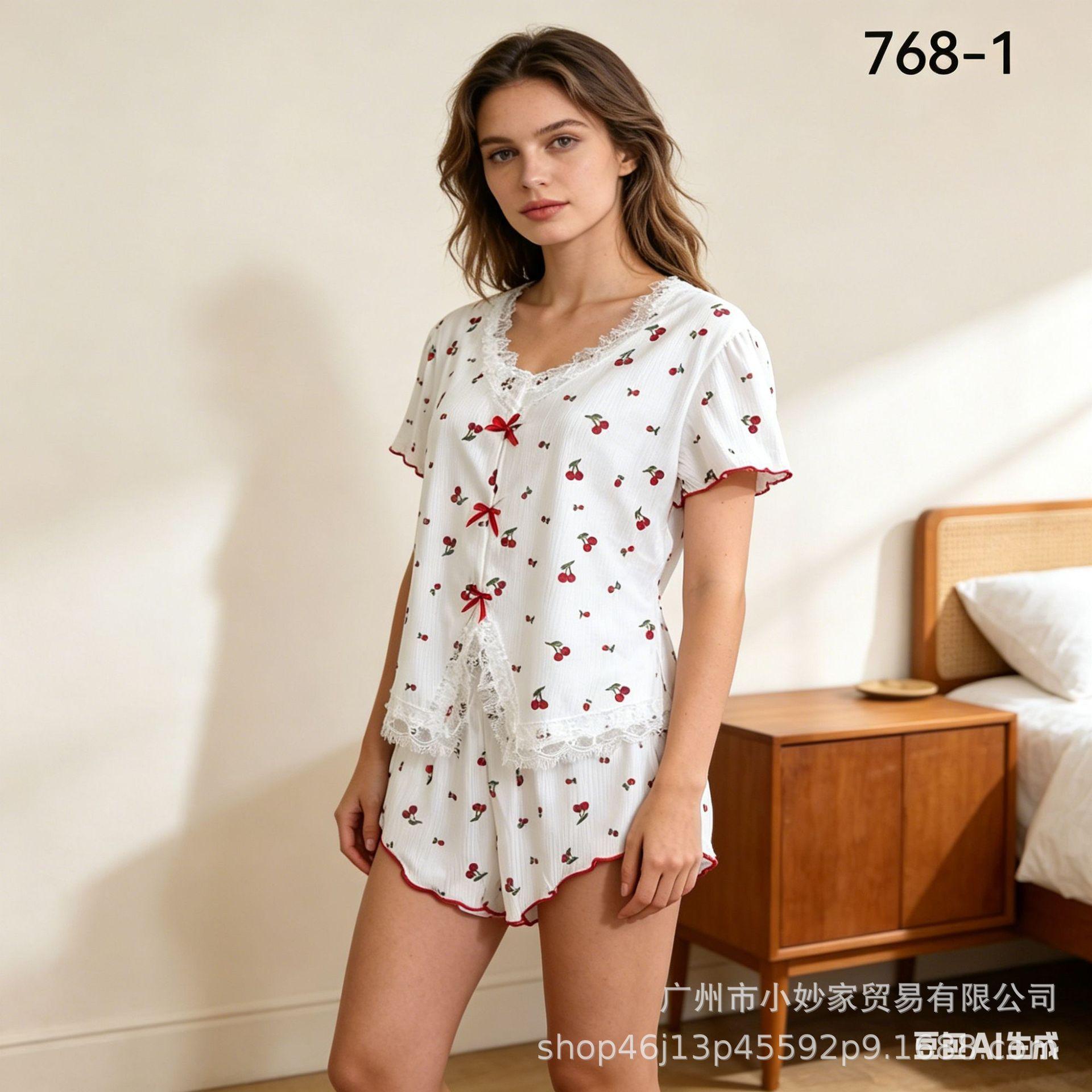 

Pajamas Threaded Lace Splicing Black Love Printed Short Sleeve Shorts Sweet Loungewear One size fits all