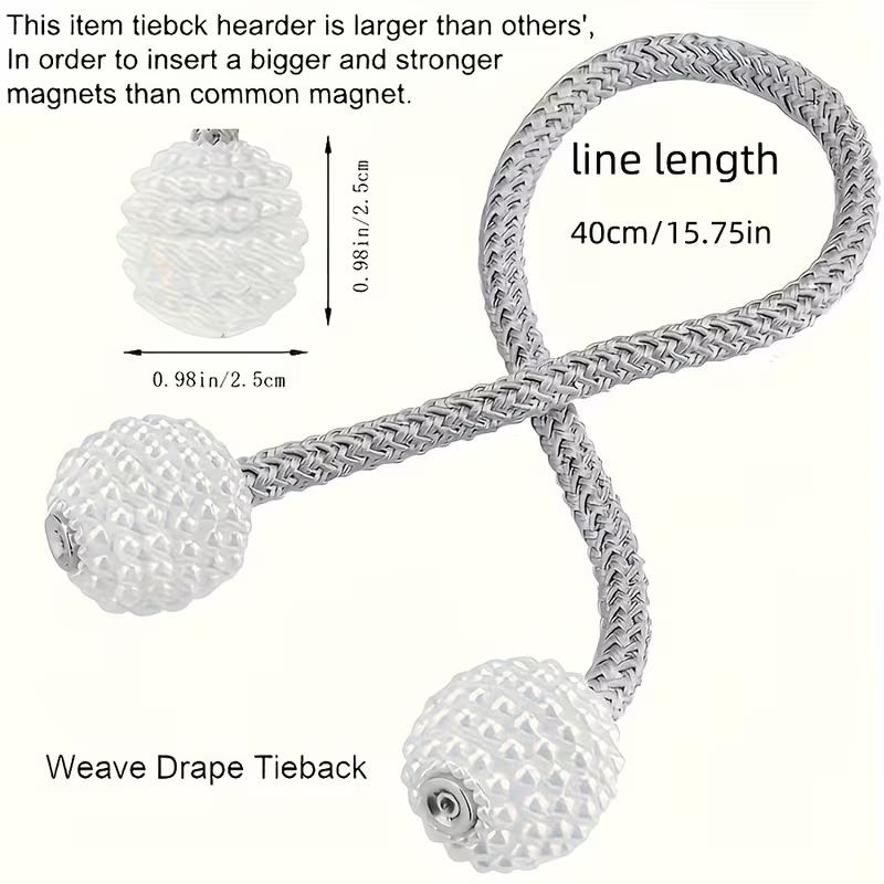 Magnetic Curtain Tiebacks Pearl Ball Elegant Woven Rope Curtain Holdbacks Magnet Drapery Tie Back Clips Curtain Holder for Living Room Bedroom Home