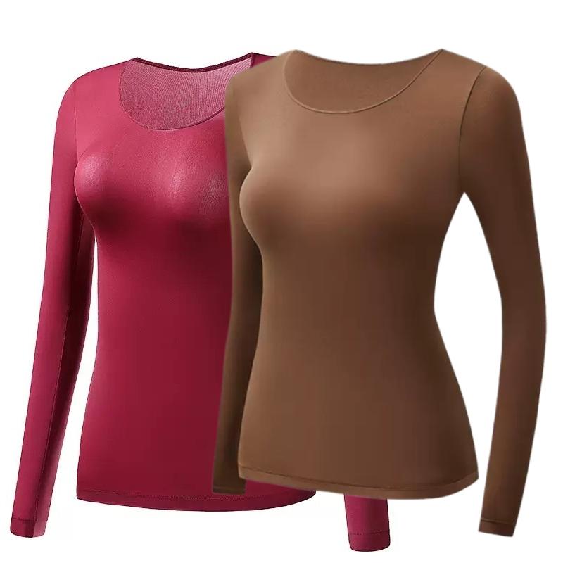 2 Stück Damen Thermounterwäsche Herbst Winter Unterhemd Langarm-T-Shirt Dünnes Oberteil Zweite Haut Damen Thermisch L-XL