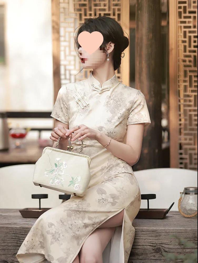 2024 New French Cheongsam: Retro Chinese Style Long Dress for Young Girls - Summer Collection