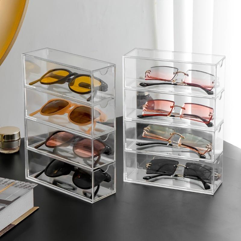 1 Pc 4 Drawers Acrylic Stackable Sunglasses Organizer, Transparent Eyeglasses Organizer, Dustproof and Waterproof, Suitable for Dresser, Bedroom, Desk
