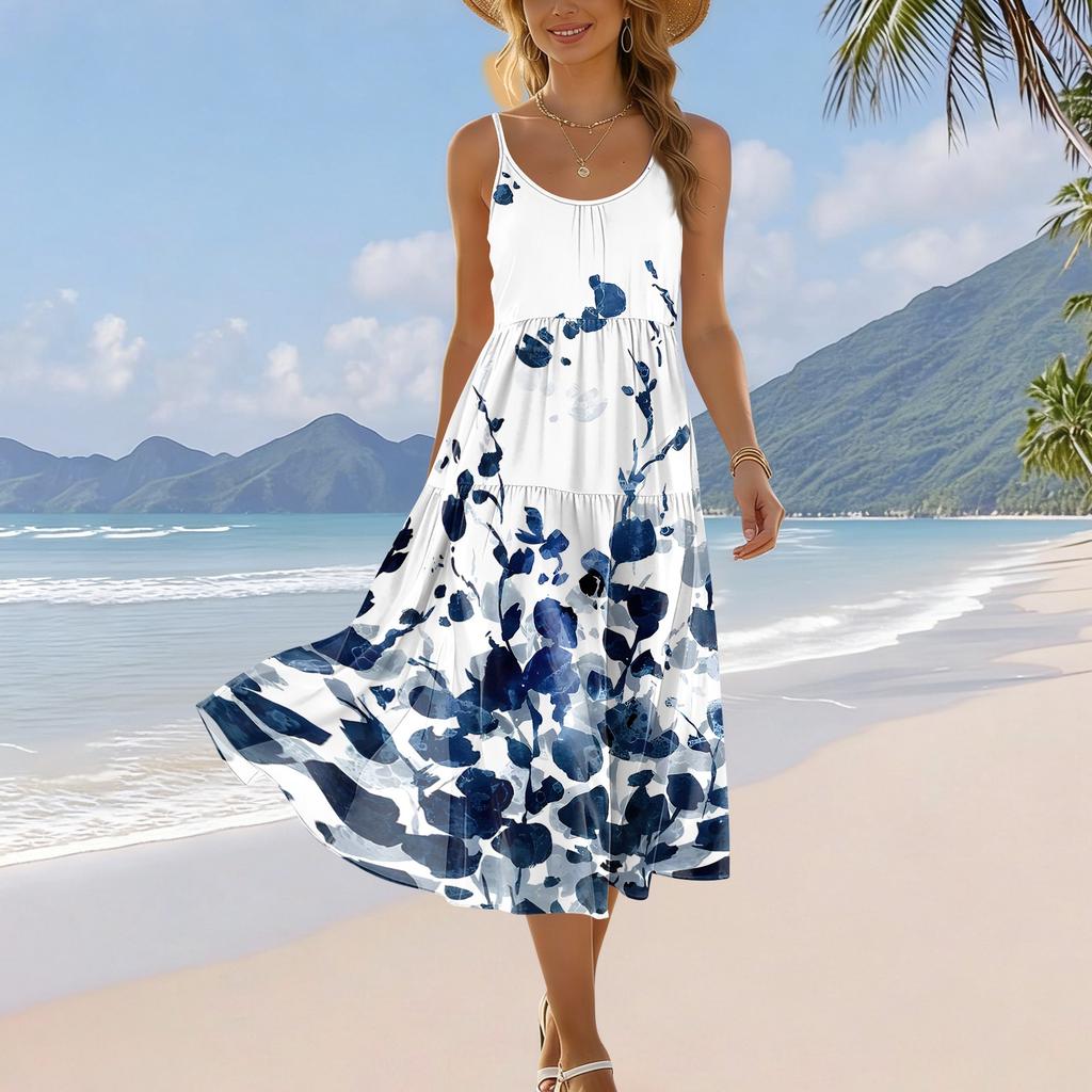 Women’s Summer Sleeveless Bohemian Floral Print Adjustable Strap Casual Beach Holiday Midi Dress with Pockets