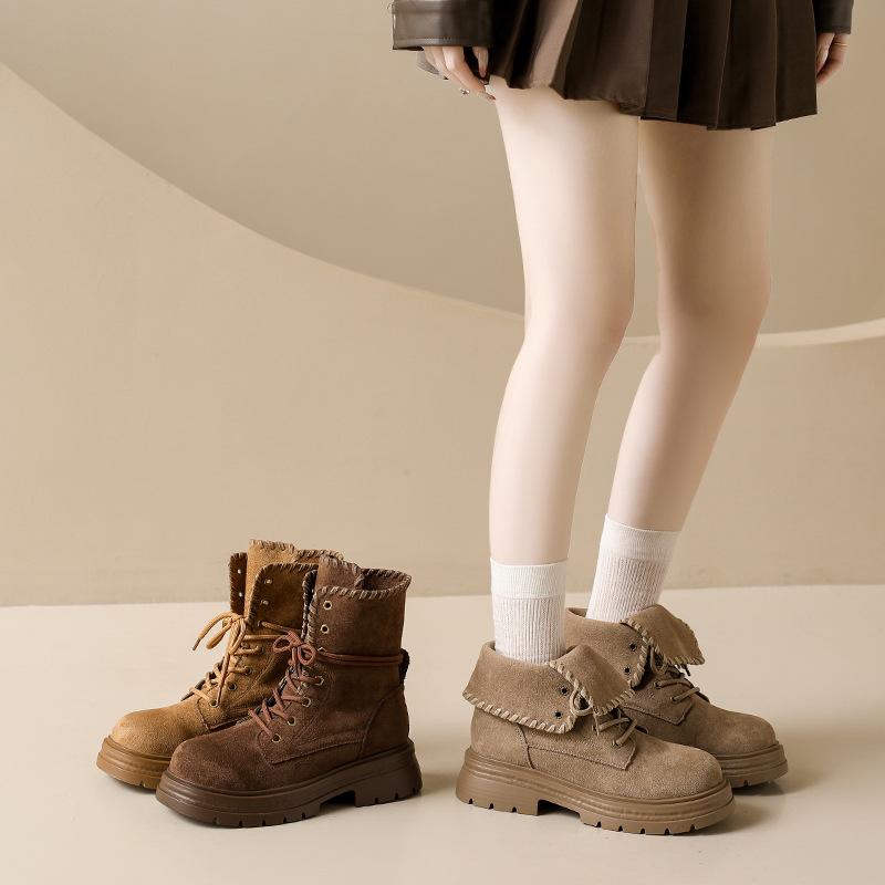 [Fanfuna] Retro Thick-soled Heightening Fashion Boots for Women's Autumn 2025 New Fashion Lace-up Versatile Short Boots