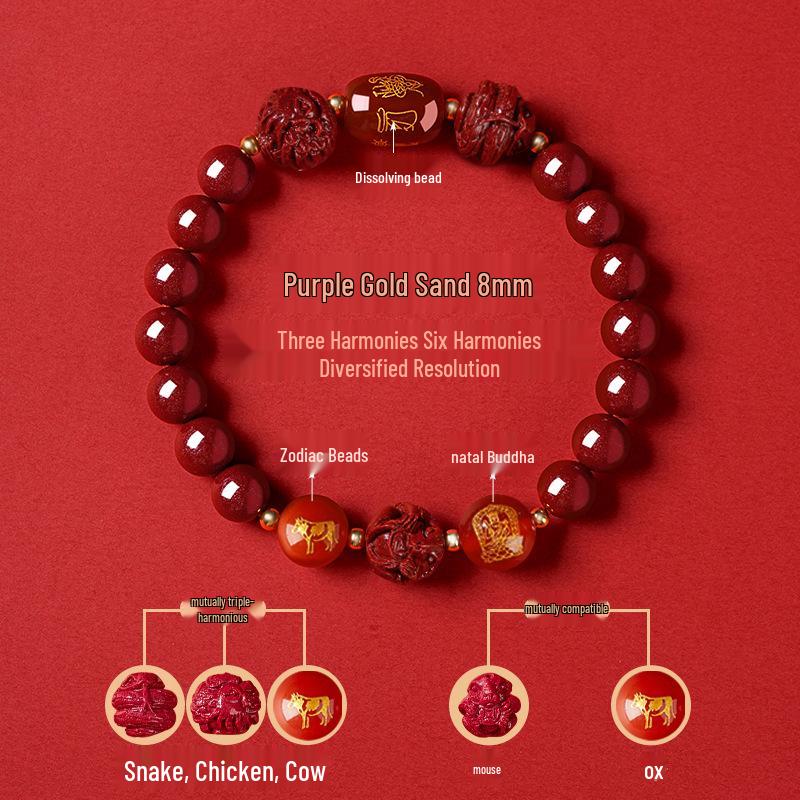 Genuine Cinnabar Hexagonal Bracelet for Men & Women - Three Horse Year Design