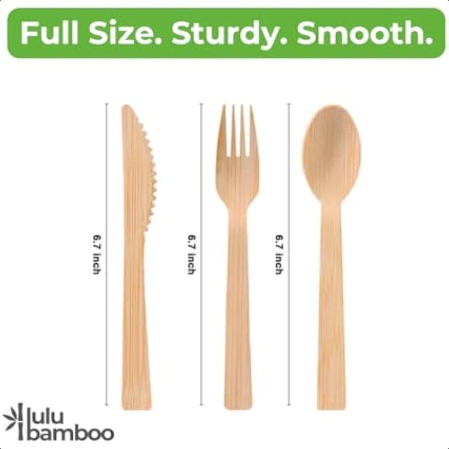 

150 штук Премиальные одноразовые бамбуковые столовые приборы. 100% Натуральный Бамбук 75 Вилок 50 Ложек 25 Ножей. Компания из США предлагает Качество United States