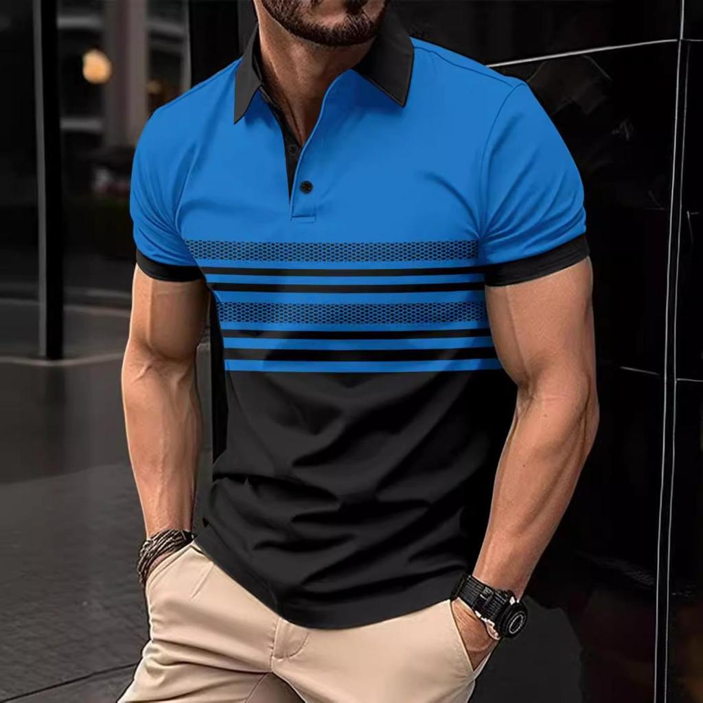 Summer New Men's Daily Sports Casual Stripe Printed Lapel Short Sleeve Pullover Shirt