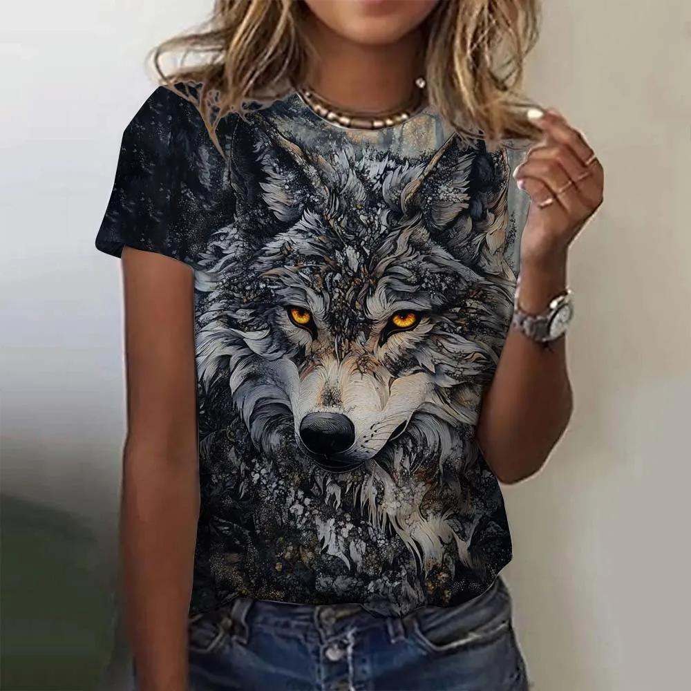 Sommer Rundhals 3D Tier Wolf Muster Druck Top Modische Lässige Kurzarm Damen T-Shirts