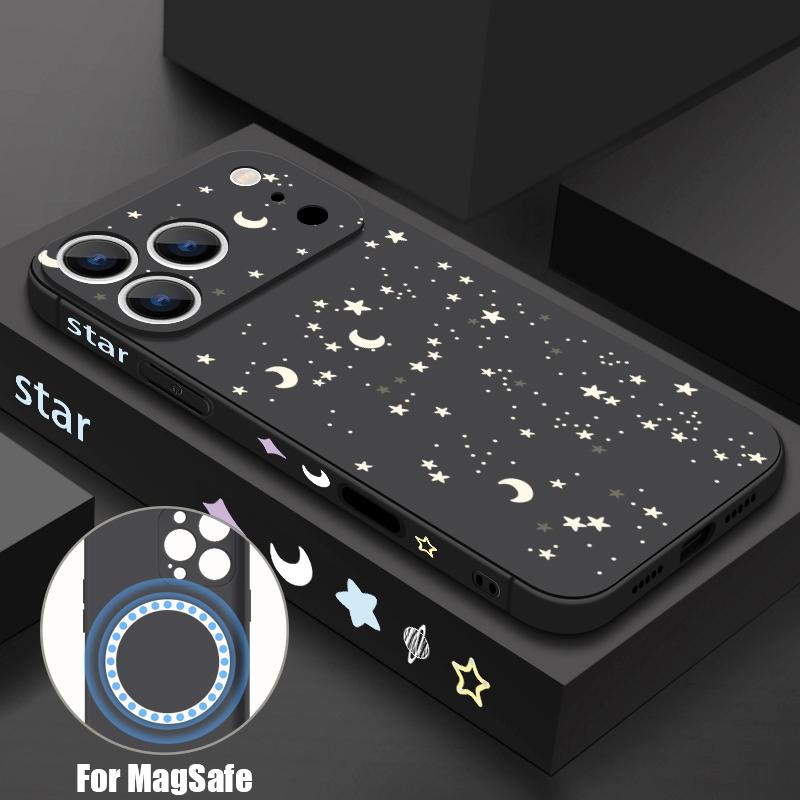 

Fashion Moon Stars Pattern Case For iPhone 17 Pro Max Case iPhone 16 15 14 13 Pro Max 17E 16E Magnetic For Magsafe Soft Cover iPhone 16E 17E чёрный