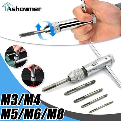 Adjustable Silver T-handle Ratchet Tap Holder Wrench Set Hand Tools With 5pc M3-m8 Machine Screw Thread Metric Plug T-shaped Tap