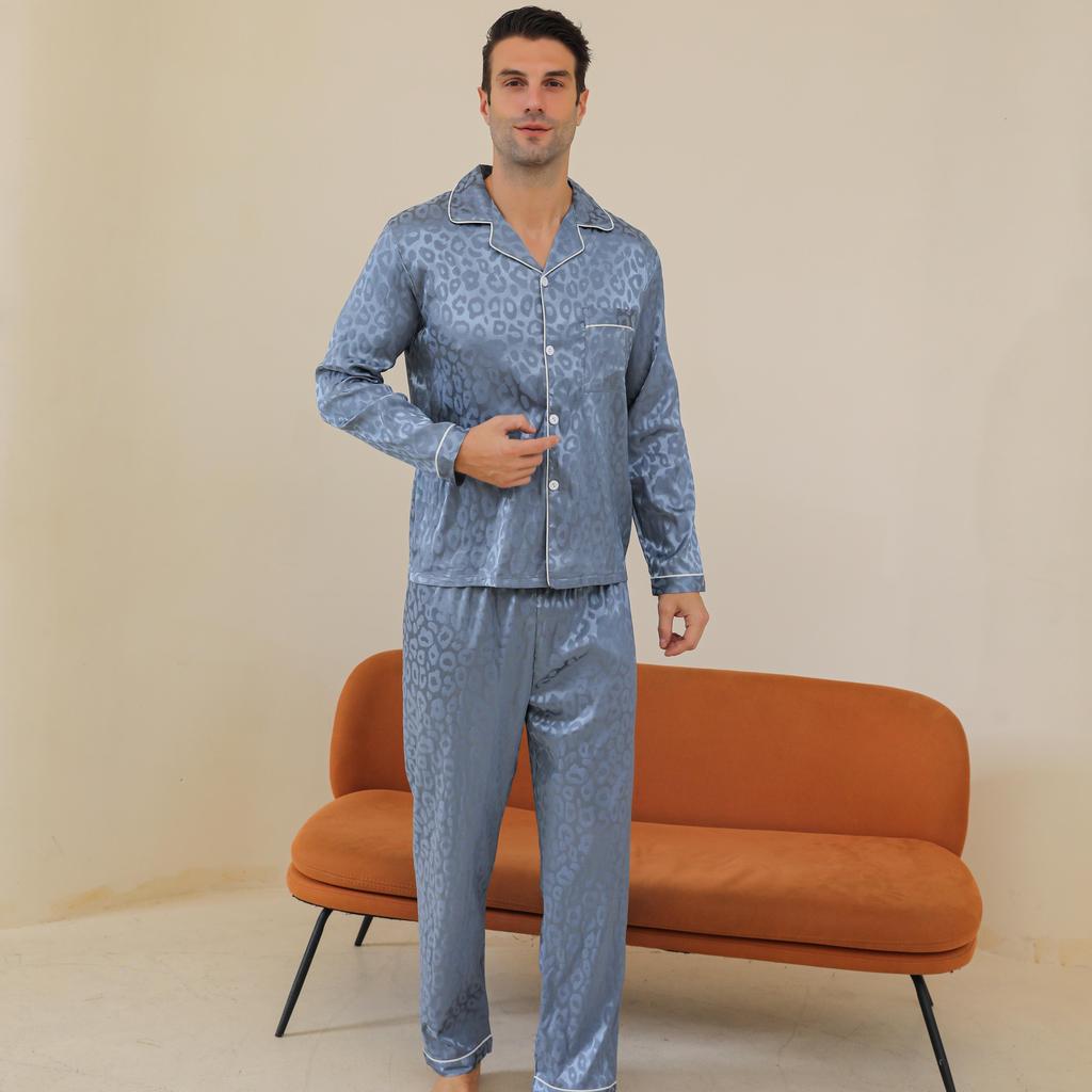 Moolmeyno Men's Ice Silk Pajamas Long Sleeve and Pants Set