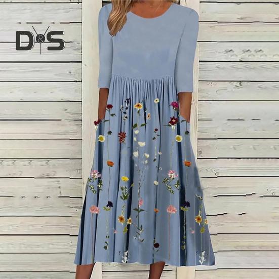 Rochie Midi de Vară Fluidă pentru Femei Rochie Boho Florală Plisată cu Buzunare Casual Mânecă Scurtă Gât Rotund Rochie Swing