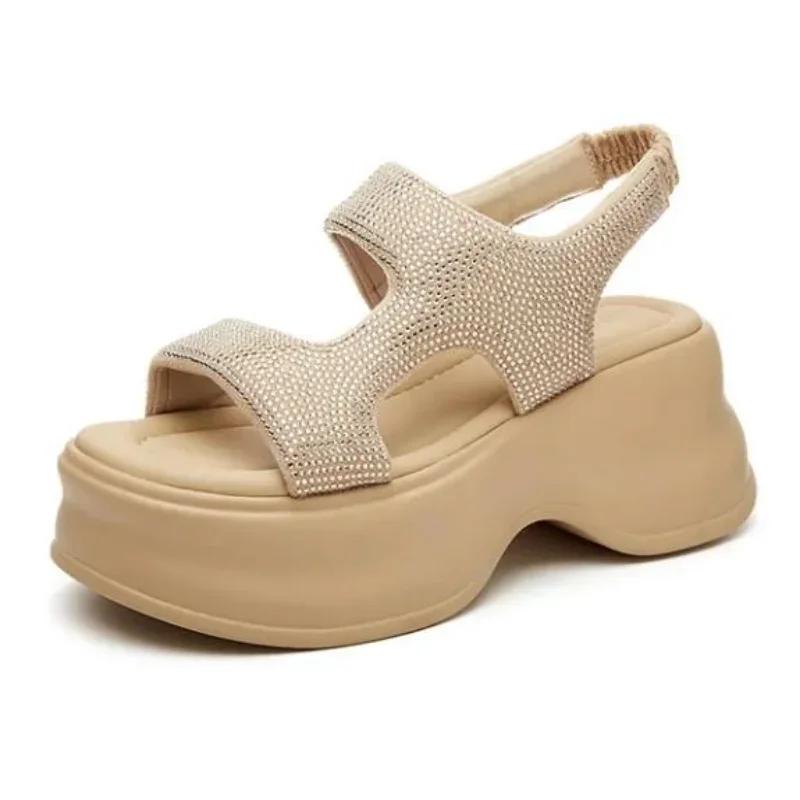 Fashion Chunky Platform Bling Sandals Women New  High Heels Sexy Elastic Band Sandals Wedge Sneakers 8CM Ladies Beach Summer Sandalias