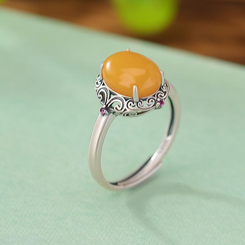 Adjustable Vintage-Style Oval Resin Inlay Ring With Filigree Unisex Boho Statement Finger Adjustable Open Band