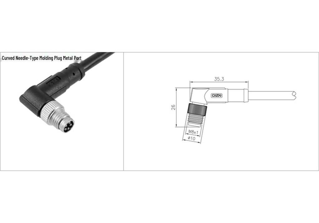 M8 Waterproof 34-Pin 5/6-Core 8-Hole Elbow Connector IP67 Male-Female with Pre-embedded Wire.