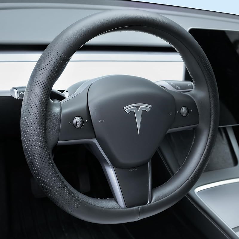 Nappa Leather Steering Wheel Cover Compatible With Tesla Model 3/Y 2016-2025 2026 Juniper/Highland, Non-Slip Breathable Model 3/Y Steering Wheel чёрный
