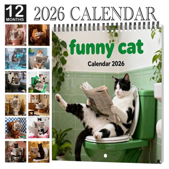 2026 Lustiger Katzenkalender 12-Monats-Wandkalender Urkomische Katzen auf der Toilette Zeitung lesend Geschenk für Katzenliebhaber zur Dekoration von Zuhause und Büro