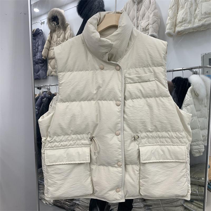 Winter Autumn Women's Stand Collar Solid Color Sleeveless Warm Vest Jacket Ladies Loose Chic White Duck Down Coat