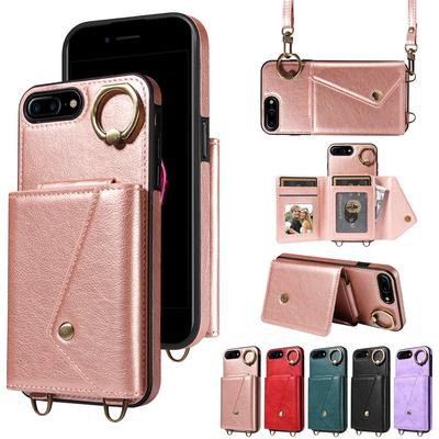 For iPhone 6/6s/6Plus/7/8,7Plus/8Plus,iPhone SE (2020/2022) Shoulder Strap Rope Ring Bracket Design Card Holder Slots Lichee Pattern Cover Phone Case